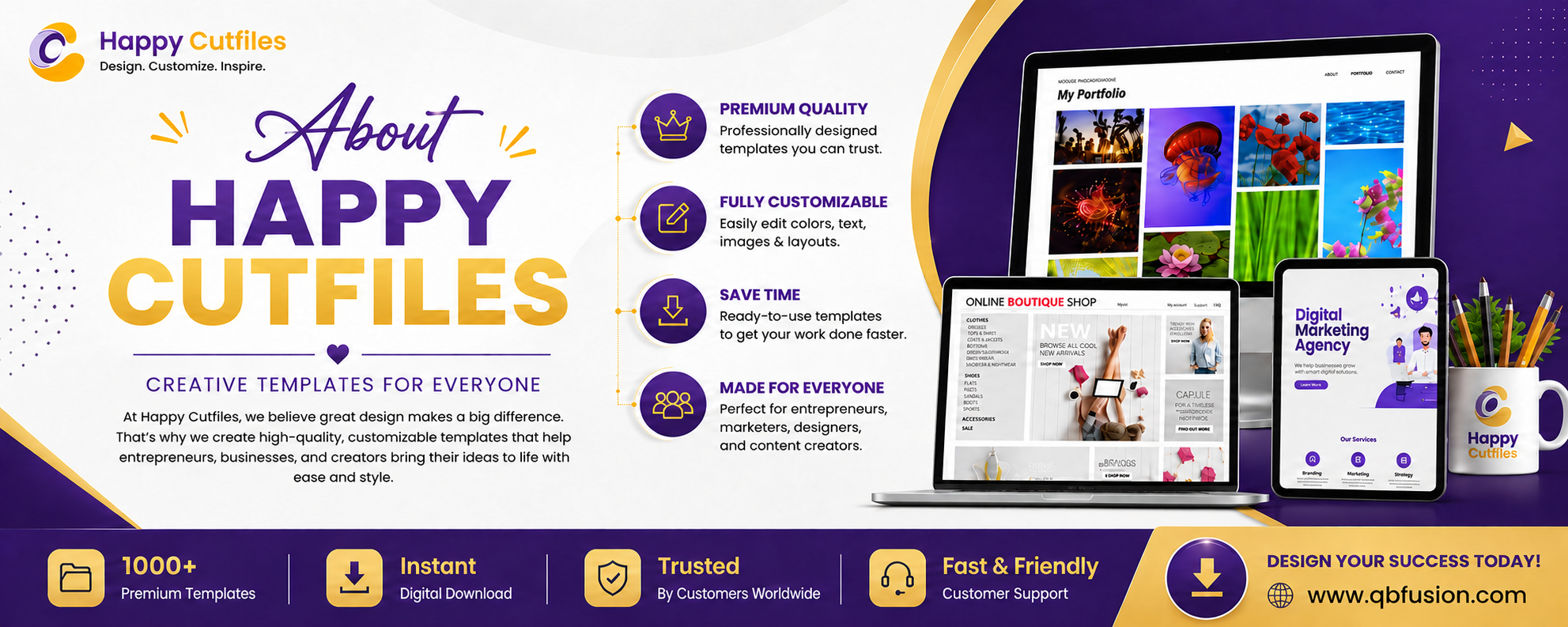 Creative templates displayed on desktop, laptop and tablet